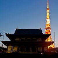 Vue de la tour de Tokyo depuis le temple Zojo-ji